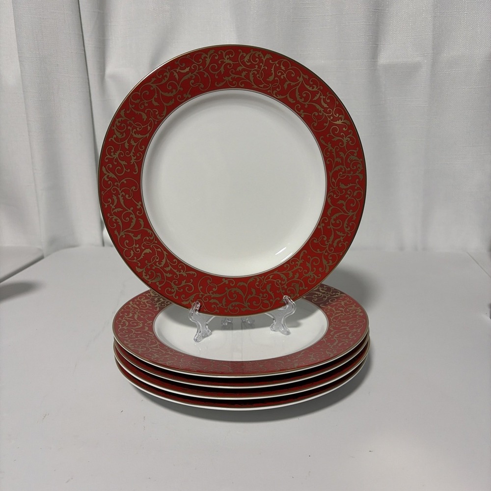 Mikasa Parchment Red Fine China Salad Plates Set of 5 Red Gold L3471 8.5"
